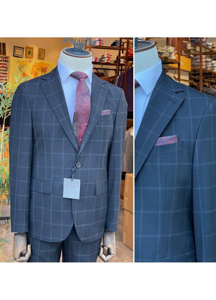Arthur Black SUITS Arthur Black Mens Navy Blue Windowpane Slim Fit 100% VBC Wool Prehemmed Suit