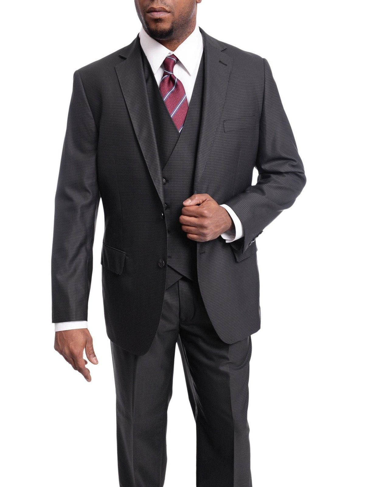 Arthur Black TWO PIECE SUITS Men&#39;s Arthur Black Classic Fit Dark Gray Mini Check 3 Piece Pleated Wool Suit