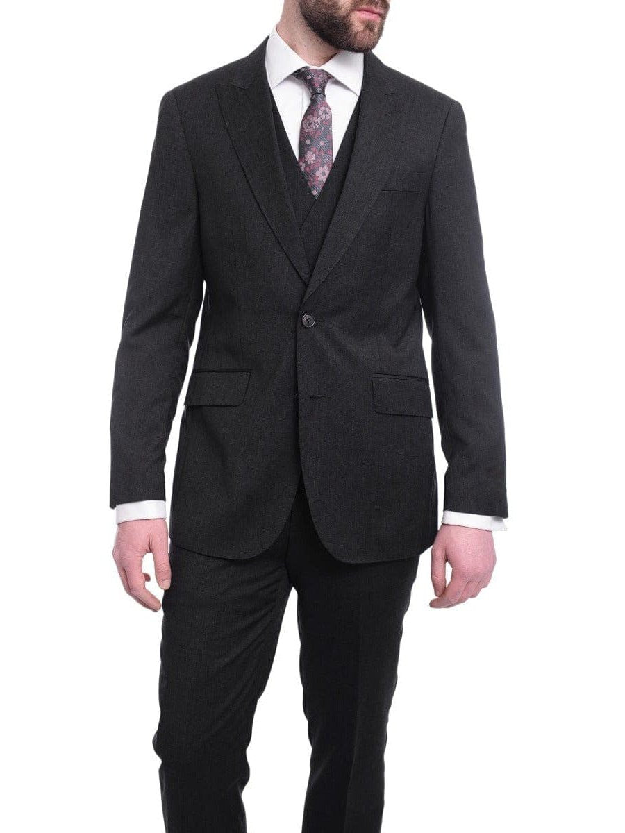 Arthur Black TWO PIECE SUITS Men's Arthur Black Slim Fit Solid Gray Two Button 3 Piece Wool Peak Lapels Suit