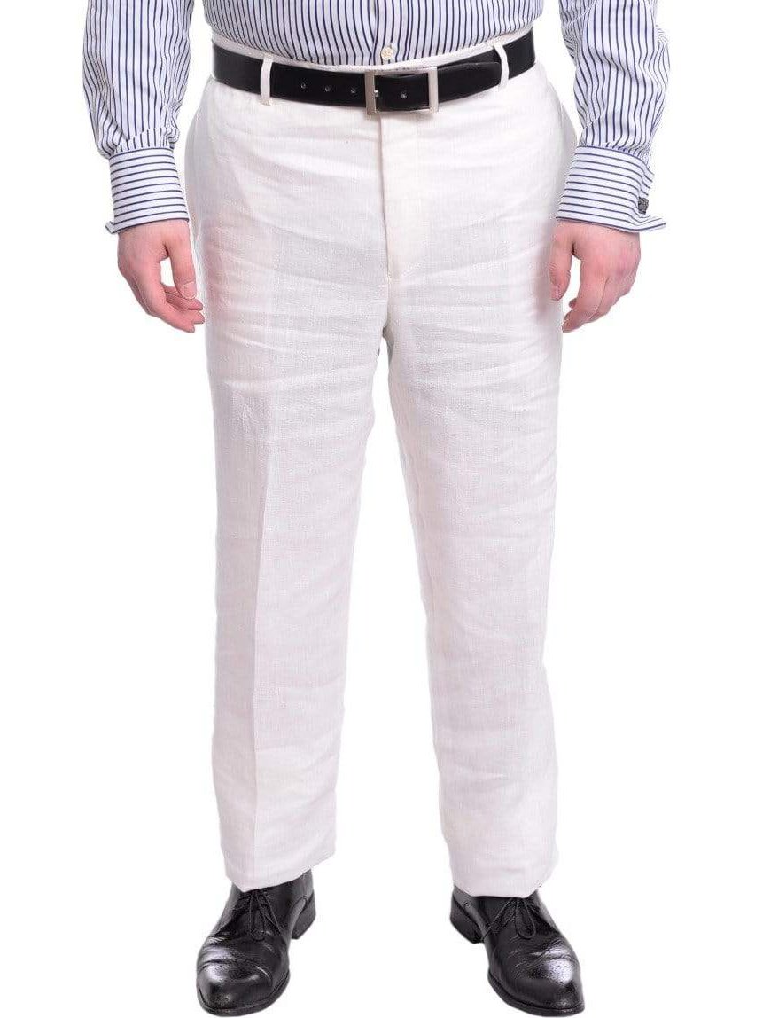Ascott Browne PANTS 34 / 36 Ascott Browne Regular Fit Solid Ivory Flat Front Linen Dress Pants