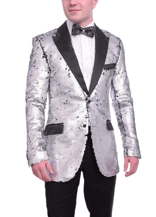 Barabas BLAZERS 3XL Barabas Extra Slim Black Silver Sequin Blazer Sportcoat With Satin Peak Lapels