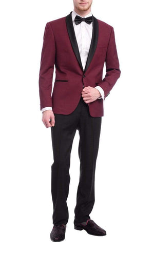 Slim Fit Men Suit Burgundy 1 Button Shawl Suede Collar Lapel