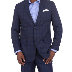 Bertollini BLAZERS 42S Mens Regular Fit Blue & Brown Plaid Two Button Wool Silk Blend Blazer Sportcoat