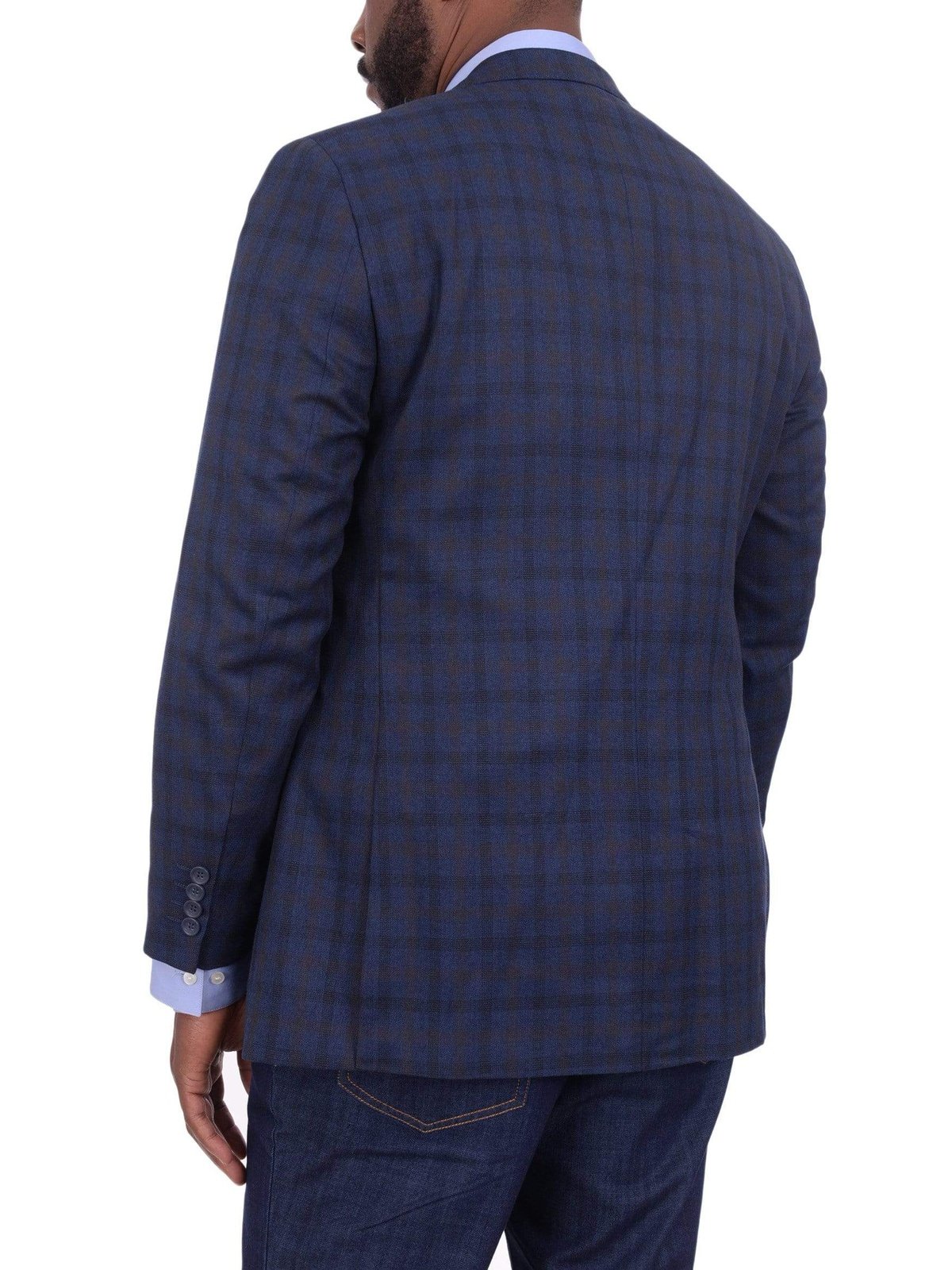 Bertollini BLAZERS Mens Regular Fit Blue &amp; Brown Plaid Two Button Wool Silk Blend Blazer Sportcoat
