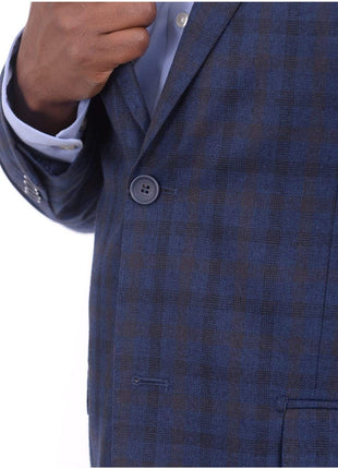 Bertollini BLAZERS Mens Regular Fit Blue & Brown Plaid Two Button Wool Silk Blend Blazer Sportcoat