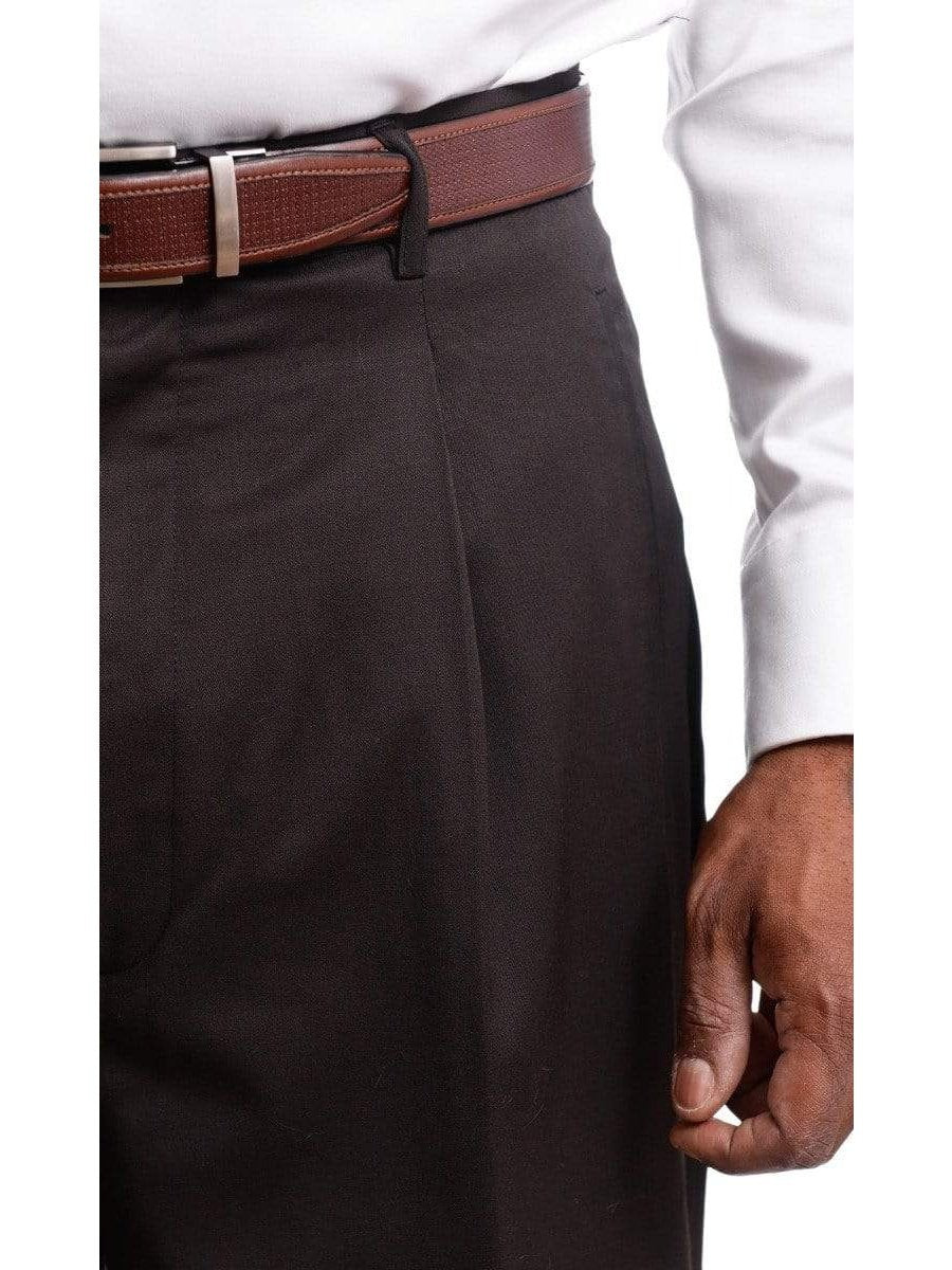 Black Diamond PANTS Mens Black Diamond Classic Fit Solid Dark Brown Pleated Wool Dress Pants