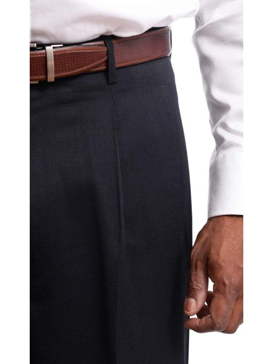 mens black wool dress pants Mens Black Diamond Classic Fit Solid Navy Blue Pleated Wool Dress Pants