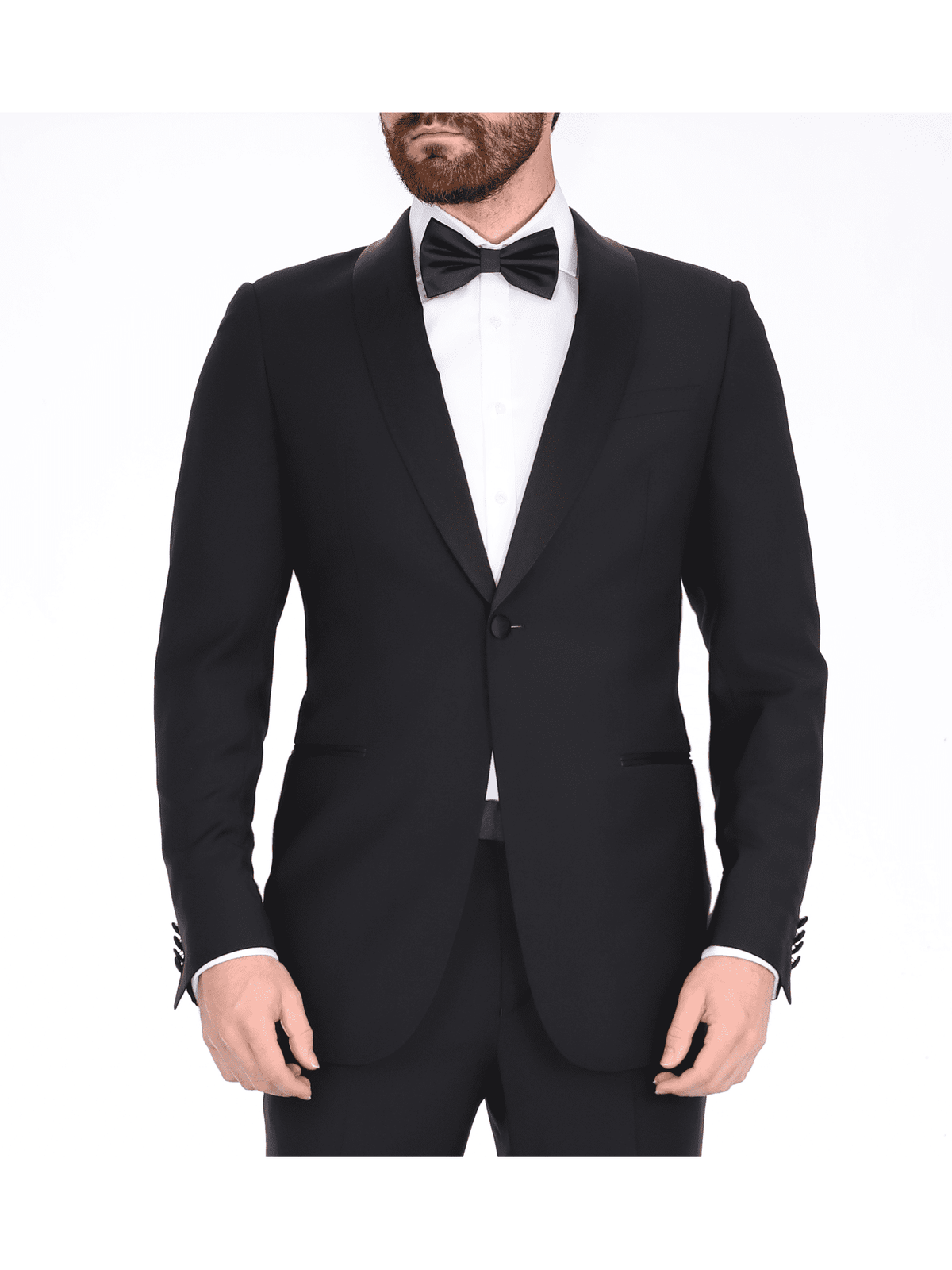 Blujacket TUXEDOS Blujacket Mens Solid Black 100% Wool Trim Fit Tuxedo Suit With Satin Shawl Lapel
