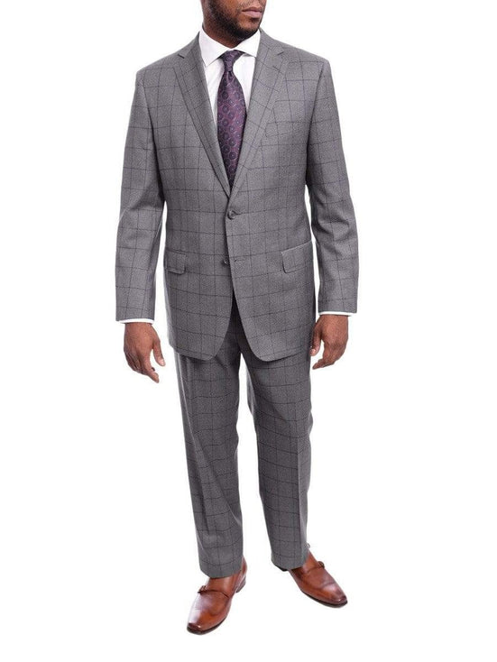 Blujacket TWO PIECE SUITS Blujacket Classic Fit Gray Plaid Windowpane Half Canvassed Guabello Wool Suit