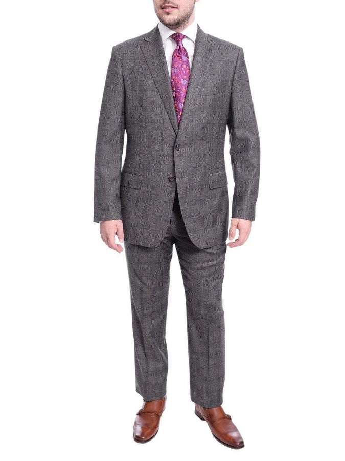 Gray plaid tailored fit wool suit for men