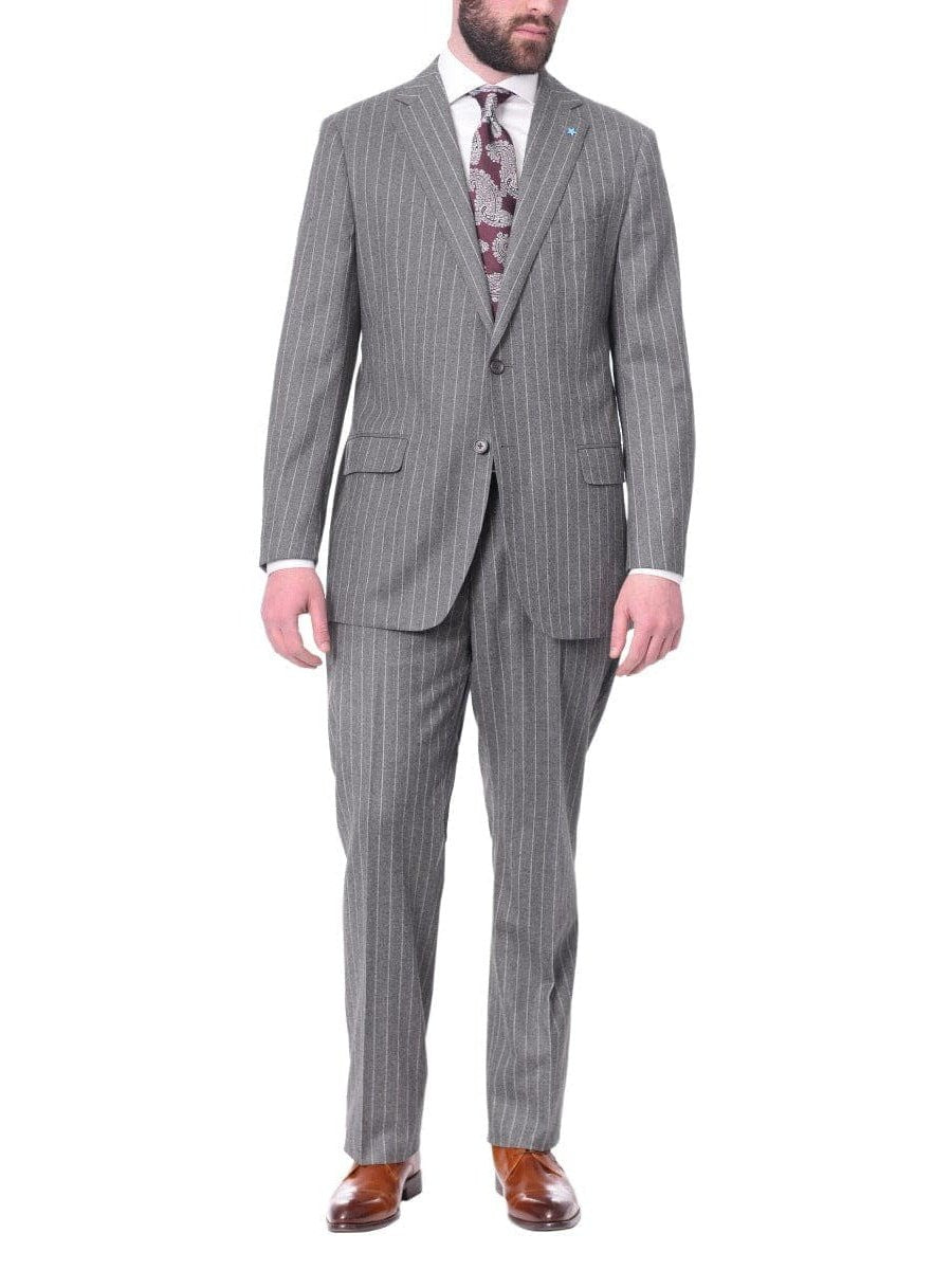 Blujacket TWO PIECE SUITS Blujacket Mens Gray Striped 100% Wool Flannel Classic Fit Half Canvassed Suit