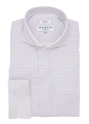 Brand M SHIRTS 17.5 / 32-33 Mens Cotton Purple Check Classic Fit Cutaway Collar Stretch Dress Shirt