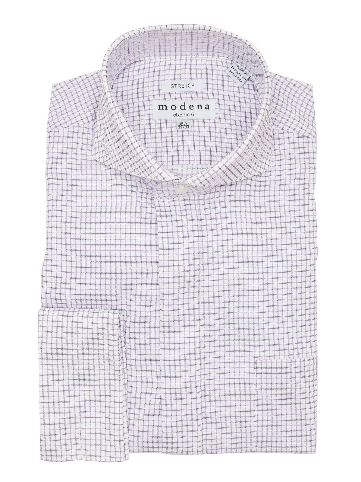 Brand M SHIRTS 17.5 / 32-33 Mens Cotton Purple Check Classic Fit Cutaway Collar Stretch Dress Shirt