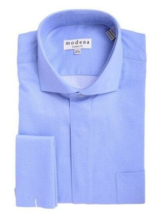 Brand M SHIRTS Men's Classic Fit Blue & White Dots Cutaway Collar French Cuff Cotton Dress Shirt