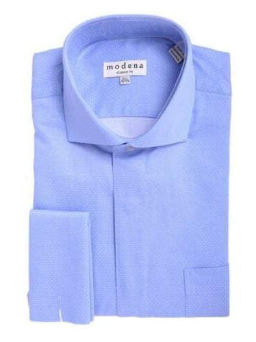 Mens Classic Fit Blue & White Dots Cutaway Collar French Cuff Cotton Dress Shirt Mens Classic Fit Blue & White Dots Cutaway Collar French Cuff Cotton Dress Shirt