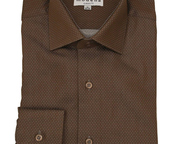 Men's Classic Fit Brown & White Polka Dot Cutaway Collar Cotton Dress Shirt, 24 / 34/35