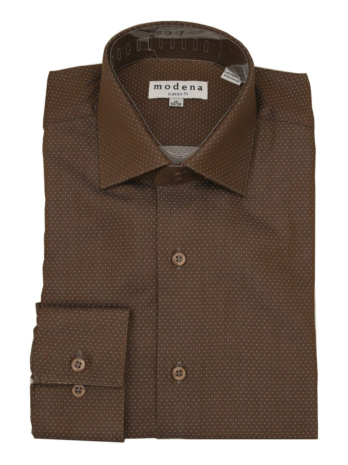 Brand M SHIRTS Men&#39;s Classic Fit Brown &amp; White Polka Dot Cutaway Collar Cotton Dress Shirt