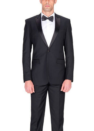 Braveman TUXEDOS Braveman Slim Fit Solid Black One Button Tuxedo Tux Suit With Peak Lapels