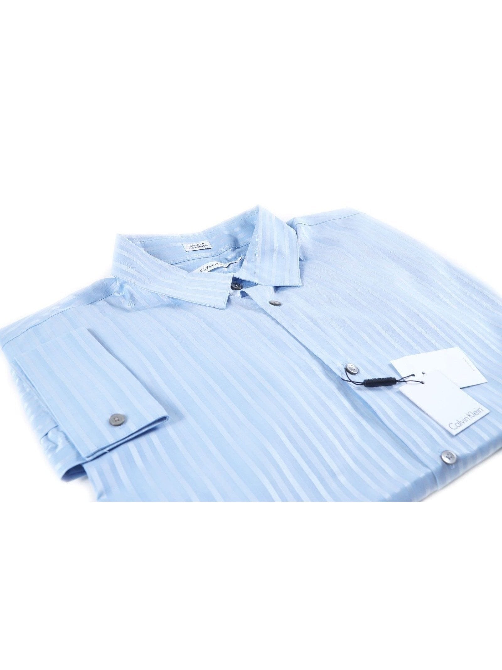 Calvin Klein Mens Blue Striped Classic Fit 100% Cotton French Cuff Dress  Shirt