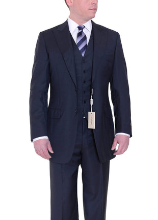 Canali THREE PIECE SUITS Canali 38xl 48 Drop 7 Navy Tonal Striped Three Piece Wool Suit With Peak Lapels