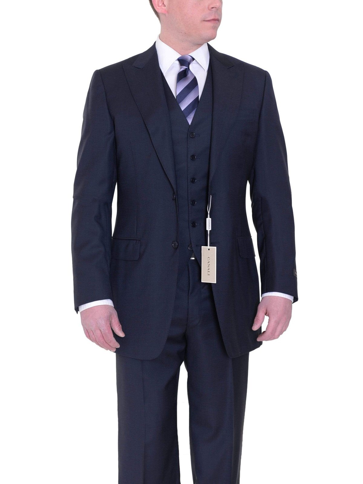 Canali THREE PIECE SUITS Canali 38xl 48 Drop 7 Navy Tonal Striped Three Piece Wool Suit With Peak Lapels