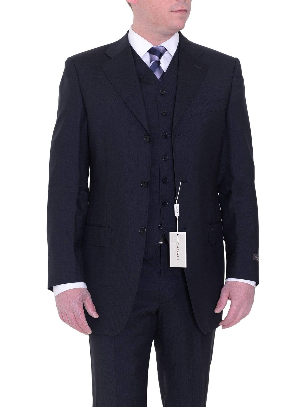 Canali THREE PIECE SUITS Canali Drop 8 38L 48T Navy Blue Tonal Striped Three Button Three Piece Wool Suit