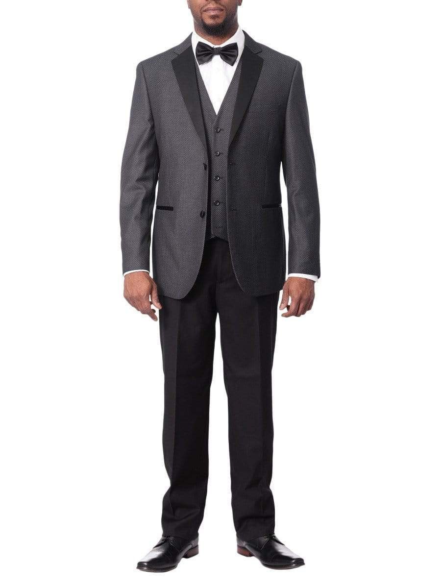 Caravelli TWO PIECE SUITS 44R Caravelli Mens Black Pindot Slim Fit 3 Piece Tuxedo Suit With Satin Lapels