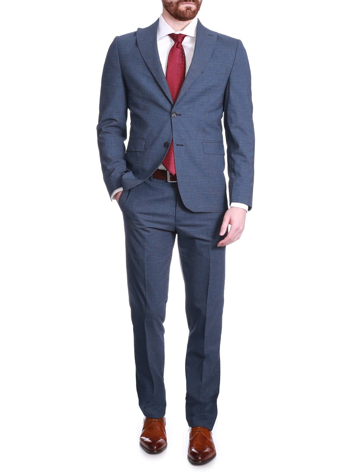Carducci SUITS Carducci Mens Blue Mini Check Wool Blend Slim Fit Suit With Peak Lapels