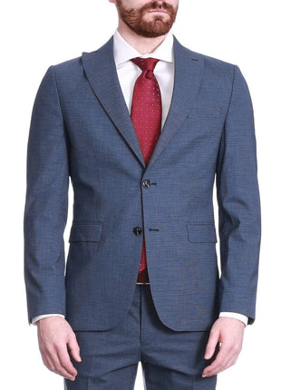 Carducci SUITS Carducci Mens Blue Mini Check Wool Blend Slim Fit Suit With Peak Lapels