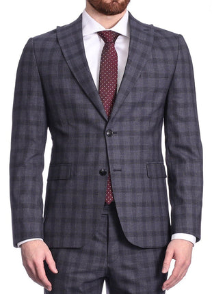 Carducci SUITS Carducci Mens Blue Windowpane Wool Blend Slim Fit Suit With Peak Lapels