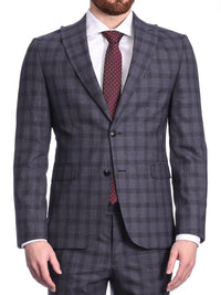 Thumbnail for Carducci SUITS Carducci Mens Blue Windowpane Wool Blend Slim Fit Suit With Peak Lapels