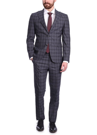 Carducci SUITS Carducci Mens Blue Windowpane Wool Blend Slim Fit Suit With Peak Lapels