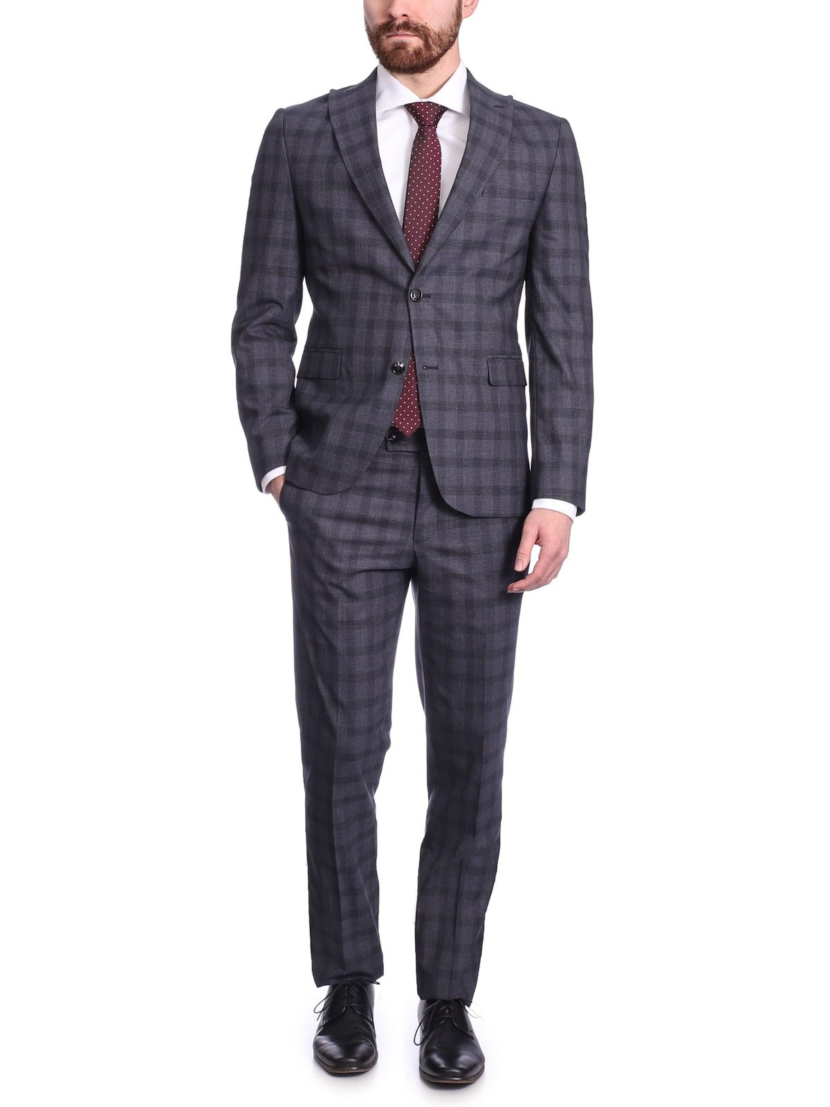 Carducci SUITS Carducci Mens Blue Windowpane Wool Blend Slim Fit Suit With Peak Lapels