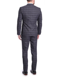 Thumbnail for Carducci SUITS Carducci Mens Blue Windowpane Wool Blend Slim Fit Suit With Peak Lapels