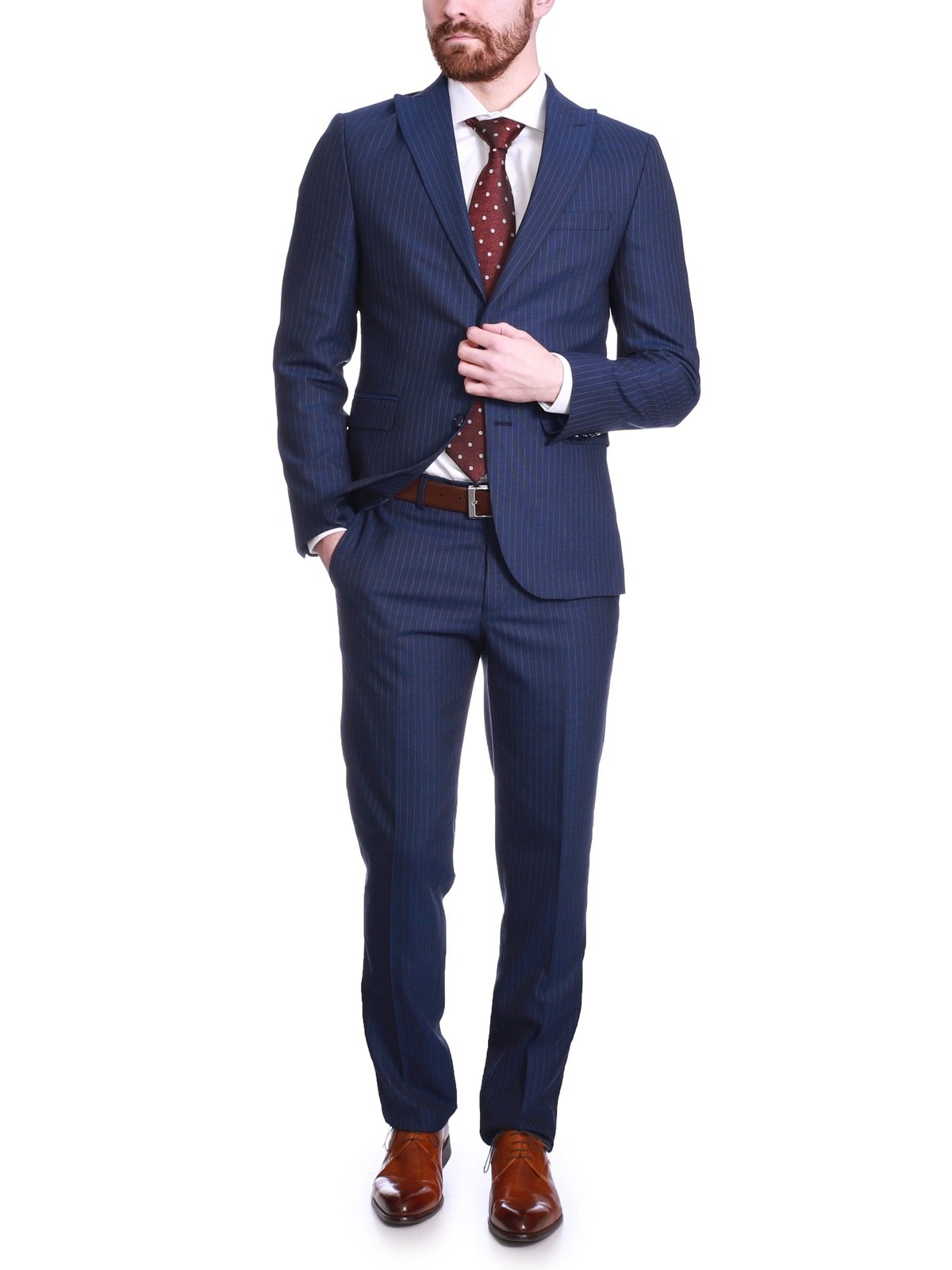 Carducci SUITS Carducci Mens French Blue Pinstripe Wool Blend Slim Fit Suit With Peak Lapels