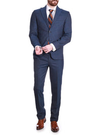 Thumbnail for Carducci SUITS Carducci Mens Navy Blue Pinstripe Wool Blend Slim Fit Suit With Peak Lapels