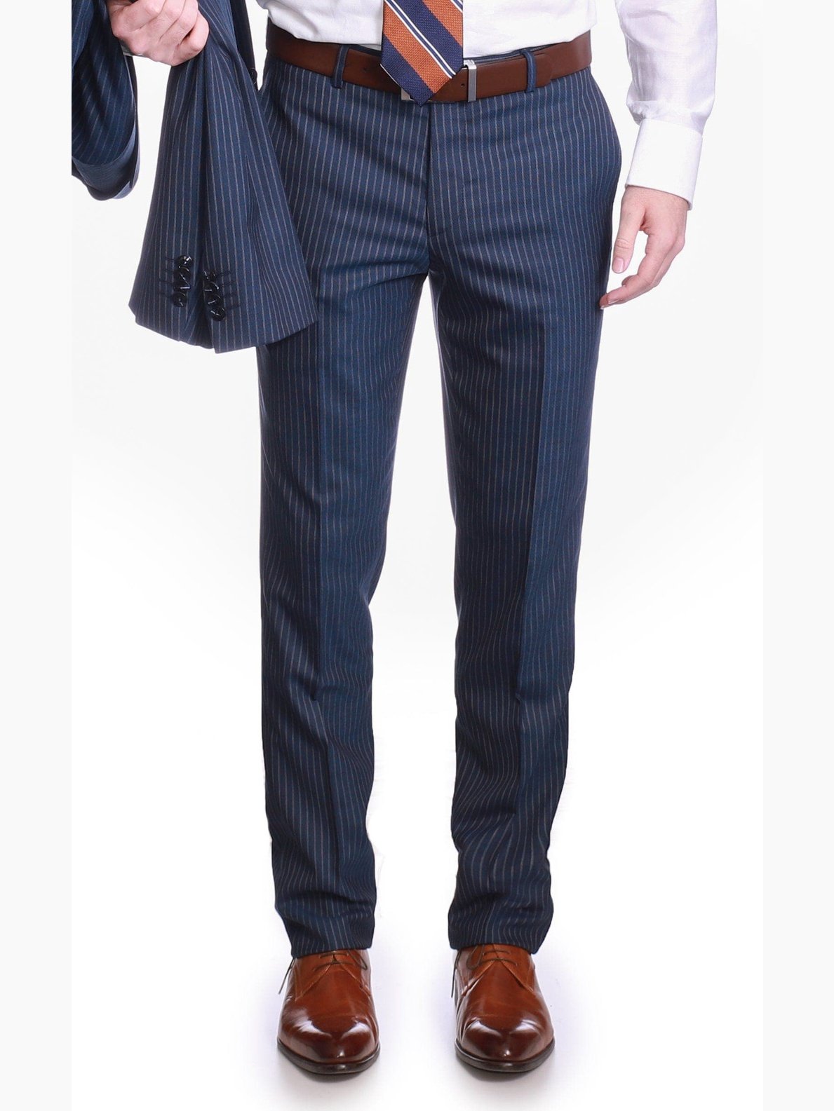 Carducci SUITS Carducci Mens Navy Blue Pinstripe Wool Blend Slim Fit Suit With Peak Lapels