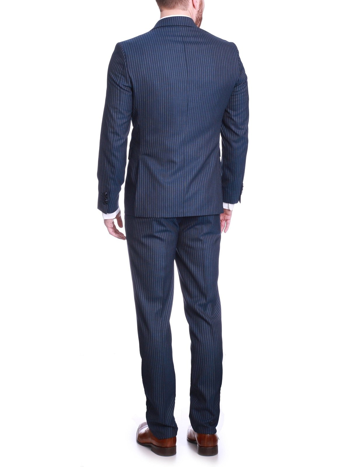 Carducci SUITS Carducci Mens Navy Blue Pinstripe Wool Blend Slim Fit Suit With Peak Lapels