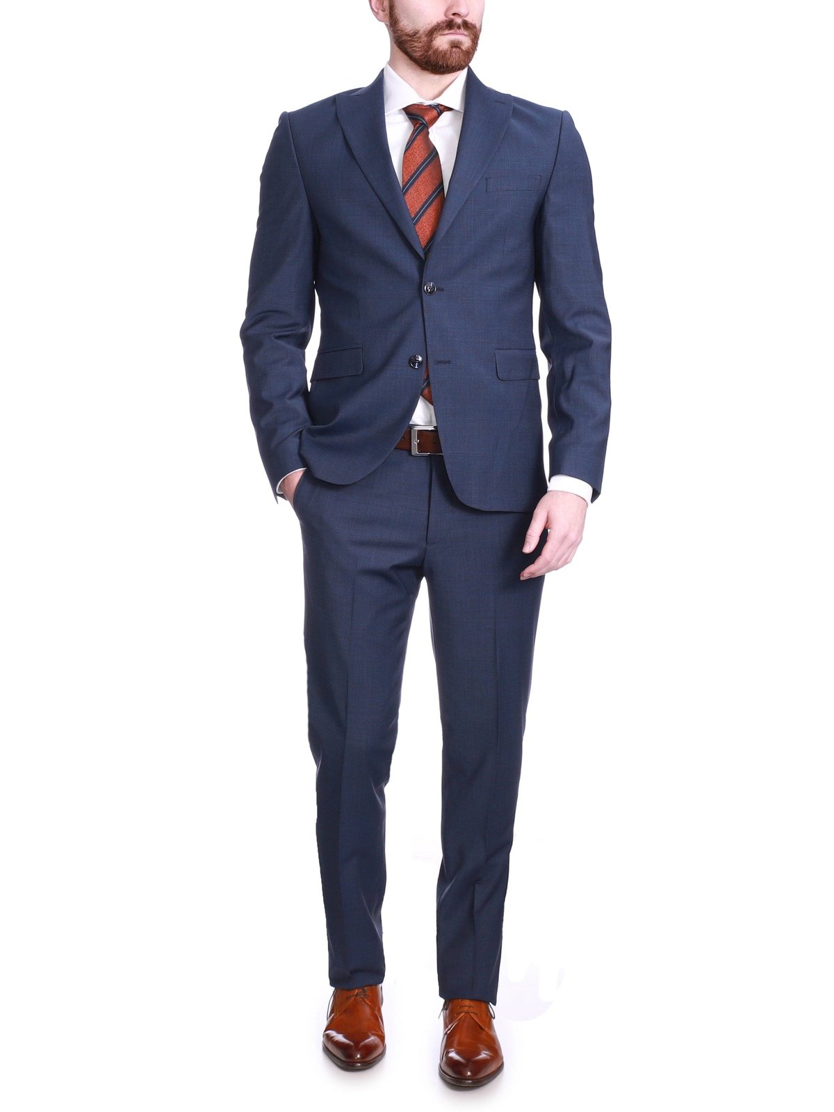 Carducci SUITS Carducci Mens Navy Blue Plaid Wool Blend Slim Fit Suit With Peak Lapels