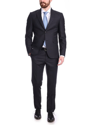Carducci SUITS Carducci Mens Solid Black Textured Wool Blend Slim Fit Suit With Peak Lapels
