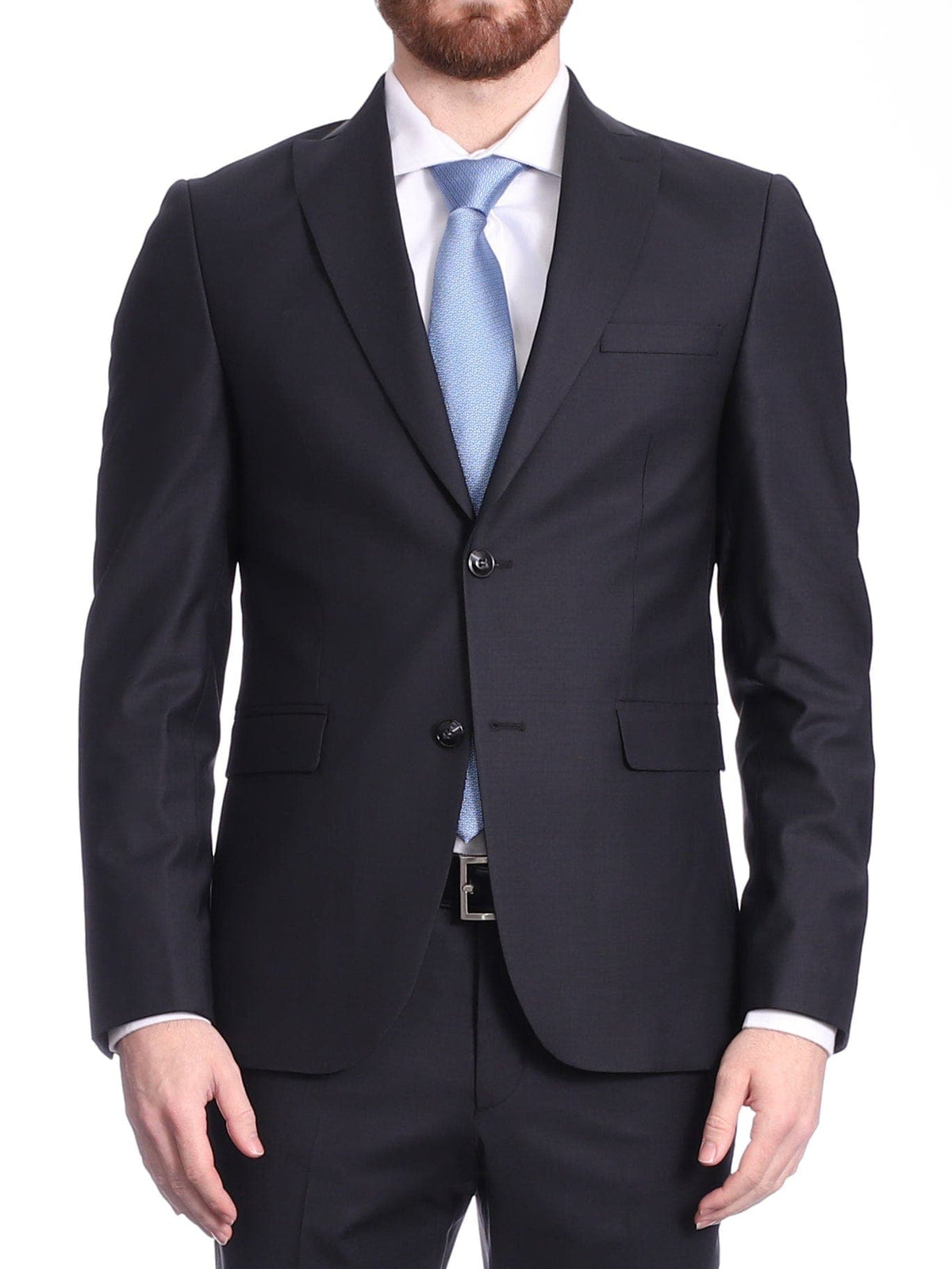 Carducci SUITS Carducci Mens Solid Black Textured Wool Blend Slim Fit Suit With Peak Lapels