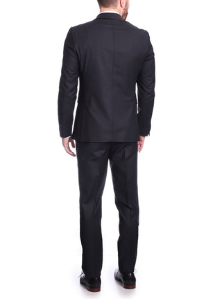 Carducci SUITS Carducci Mens Solid Black Textured Wool Blend Slim Fit Suit With Peak Lapels