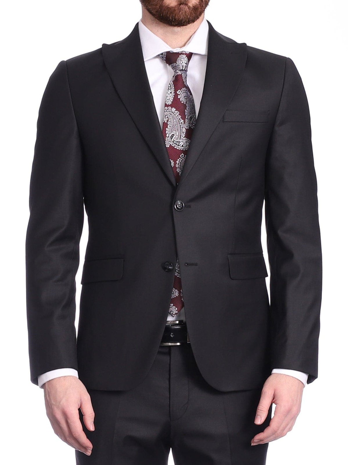 Carducci SUITS Carducci Mens Solid Black Wool Blend Slim Fit Suit With Peak Lapels