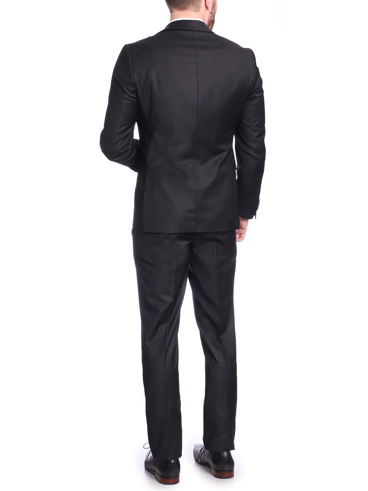 Carducci SUITS Carducci Mens Solid Black Wool Blend Slim Fit Suit With Peak Lapels
