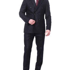 Carducci TWO PIECE SUITS Carducci Mens Double Breasted Navy Windowpane 100% Wool Flannel Slim Fit Suit