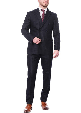 Carducci TWO PIECE SUITS Carducci Mens Double Breasted Navy Windowpane 100% Wool Flannel Slim Fit Suit