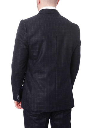 Carducci TWO PIECE SUITS Carducci Mens Double Breasted Navy Windowpane 100% Wool Flannel Slim Fit Suit