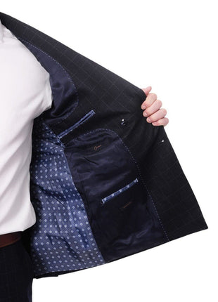 Carducci TWO PIECE SUITS Carducci Mens Double Breasted Navy Windowpane 100% Wool Flannel Slim Fit Suit