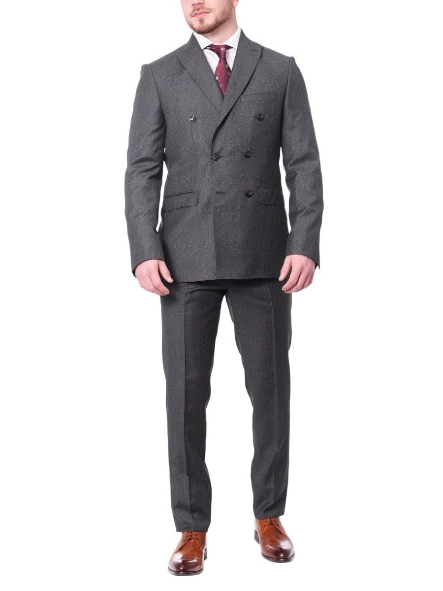 Carducci TWO PIECE SUITS Carducci Mens Gray With Blue Windowpane 100% Wool Slim Fit Suit