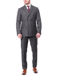 Thumbnail for Carducci TWO PIECE SUITS Carducci Mens Gray With Blue Windowpane 100% Wool Slim Fit Suit